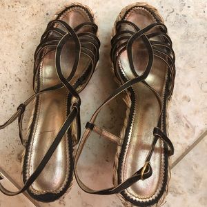 YSL Dk Brn Satin w/ Gold Accent wedge Sz40